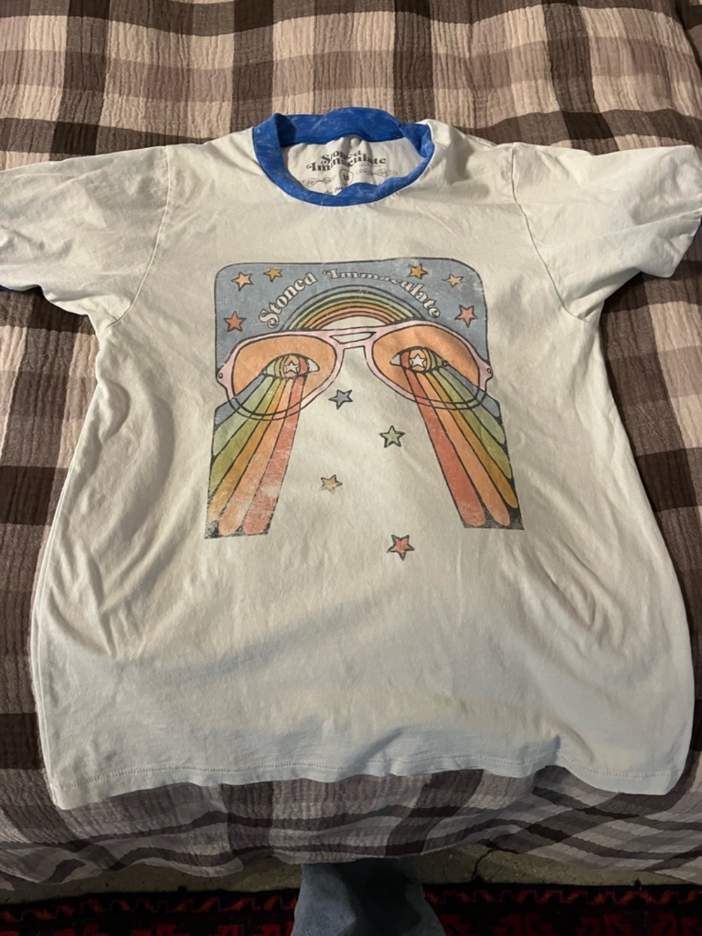Stoned Immaculate White Tee with Blue Ringer and Rainbow Sunglasses Graphic